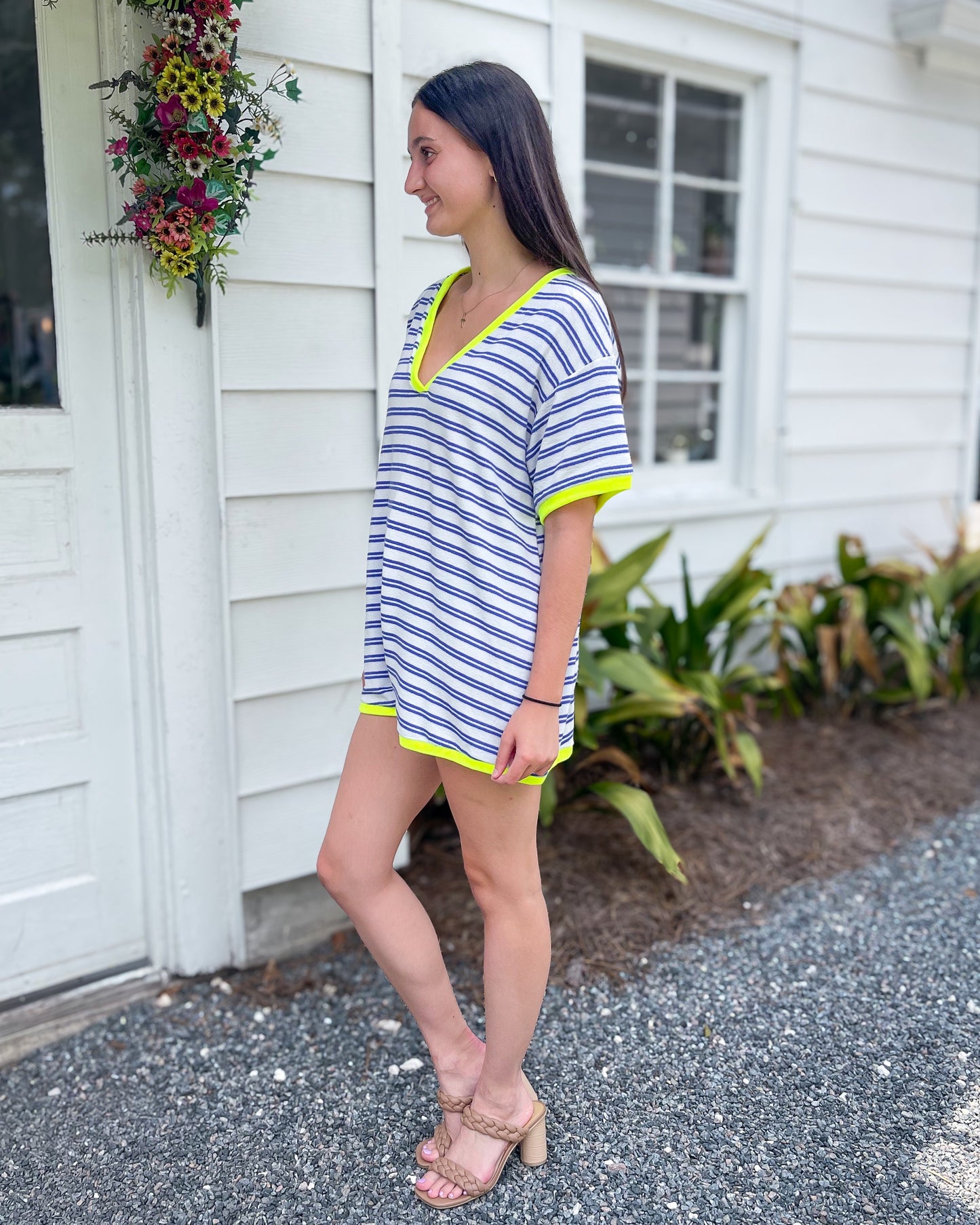 Striped Knit Binding V-Neck Romper