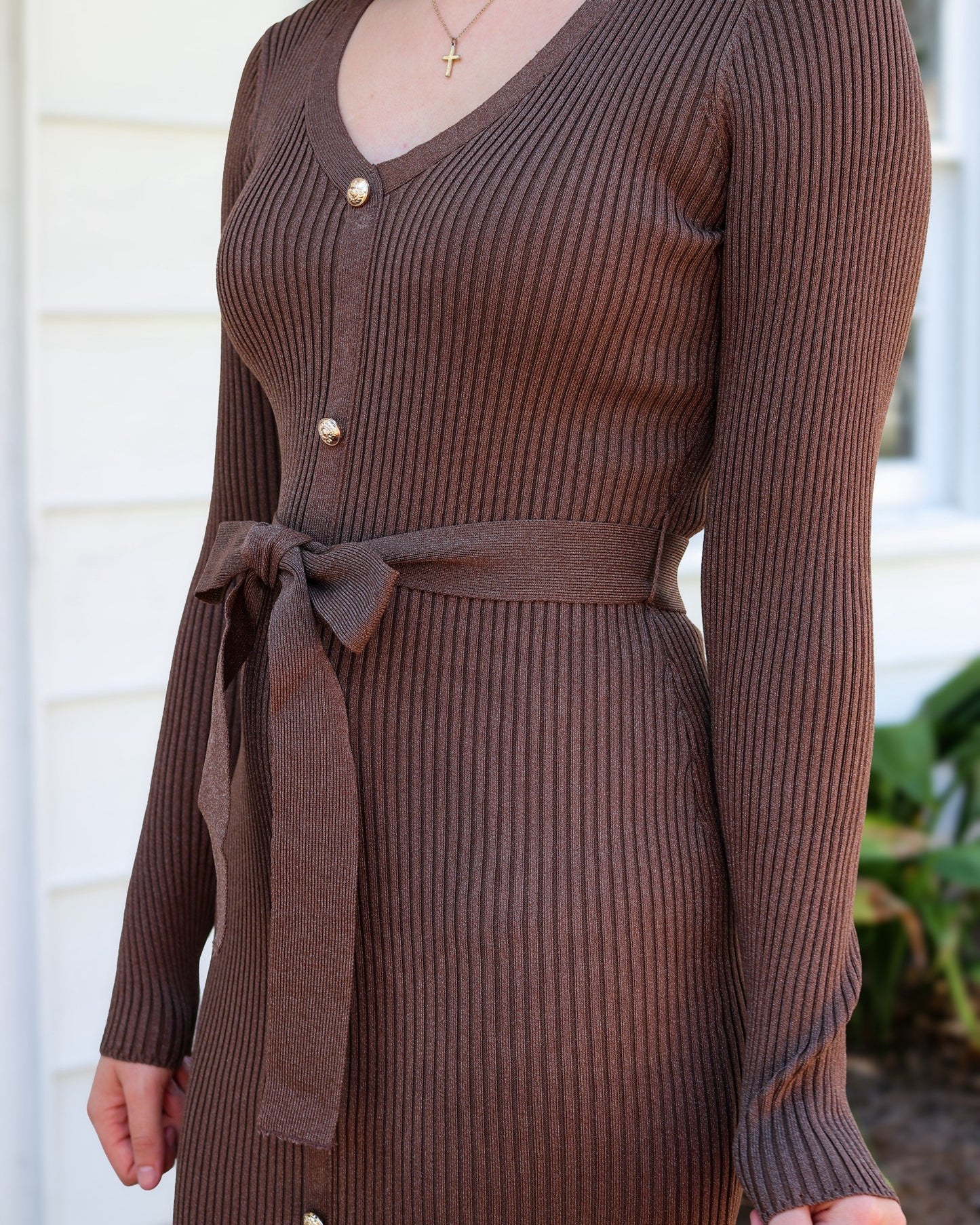 Brown Ribbed Sweater Knit Midi Dress