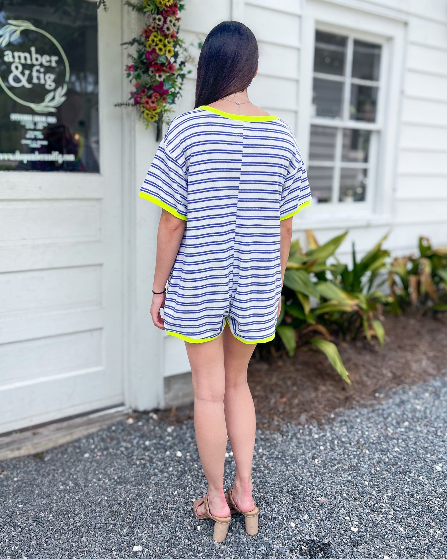 Striped Knit Binding V-Neck Romper