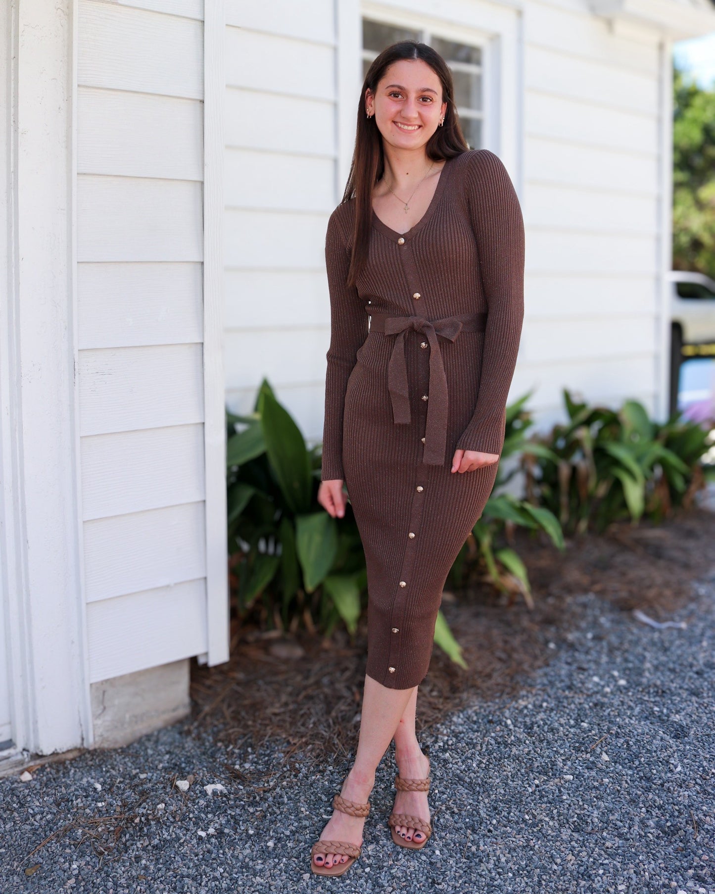 Brown Ribbed Sweater Knit Midi Dress