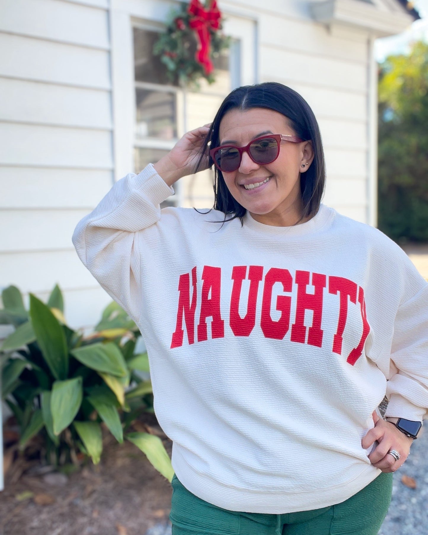 “Naughty” Cloudy Knit Long Sleeve Graphic Tee