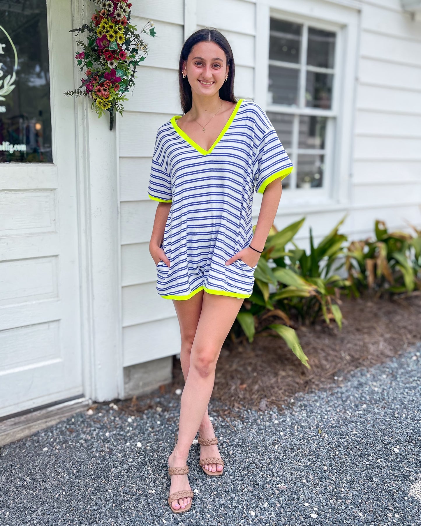 Striped Knit Binding V-Neck Romper