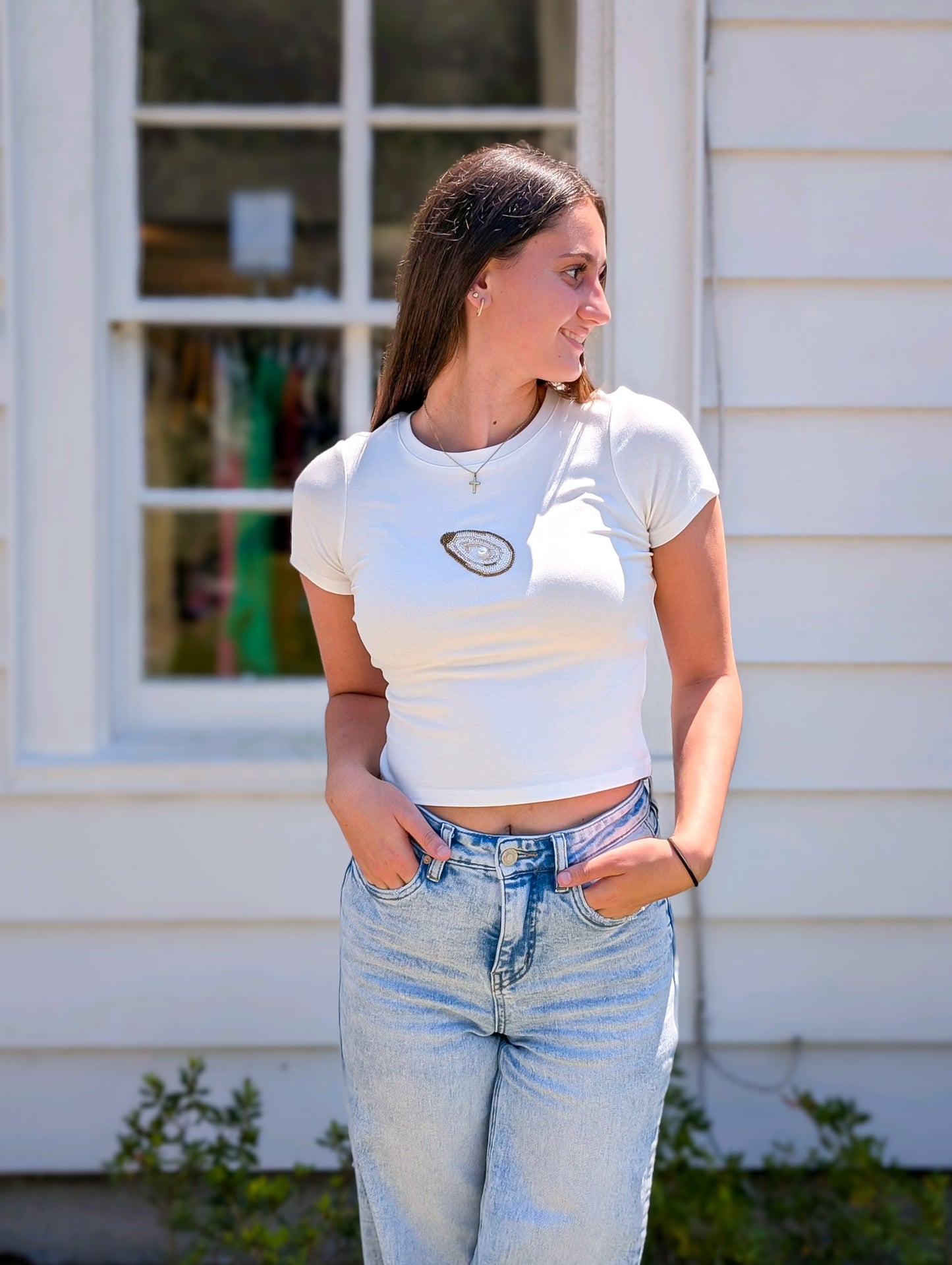 Off White Oyster Beaded Embroidered Tee
