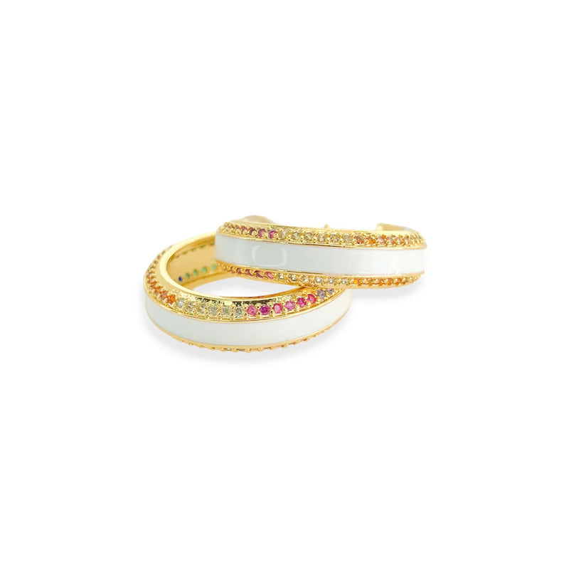 CZ Stone Lined Gold Enamel Hoop Earrings