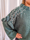 Forest green long sleeve sweater with pearl detail on shoulder