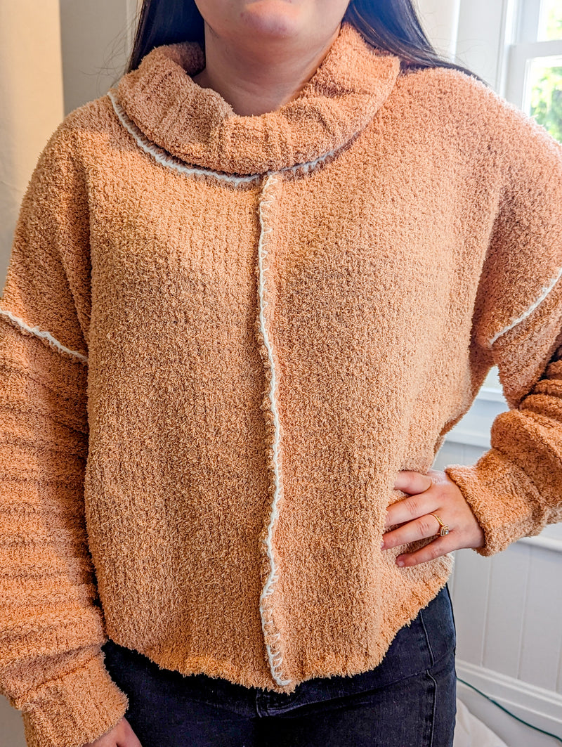 apricot soft knit white stitch turtle neck sweater