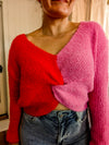 Red Pink trist front color block cropped sweater