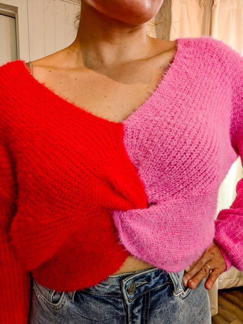 Red Pink trist front color block cropped sweater