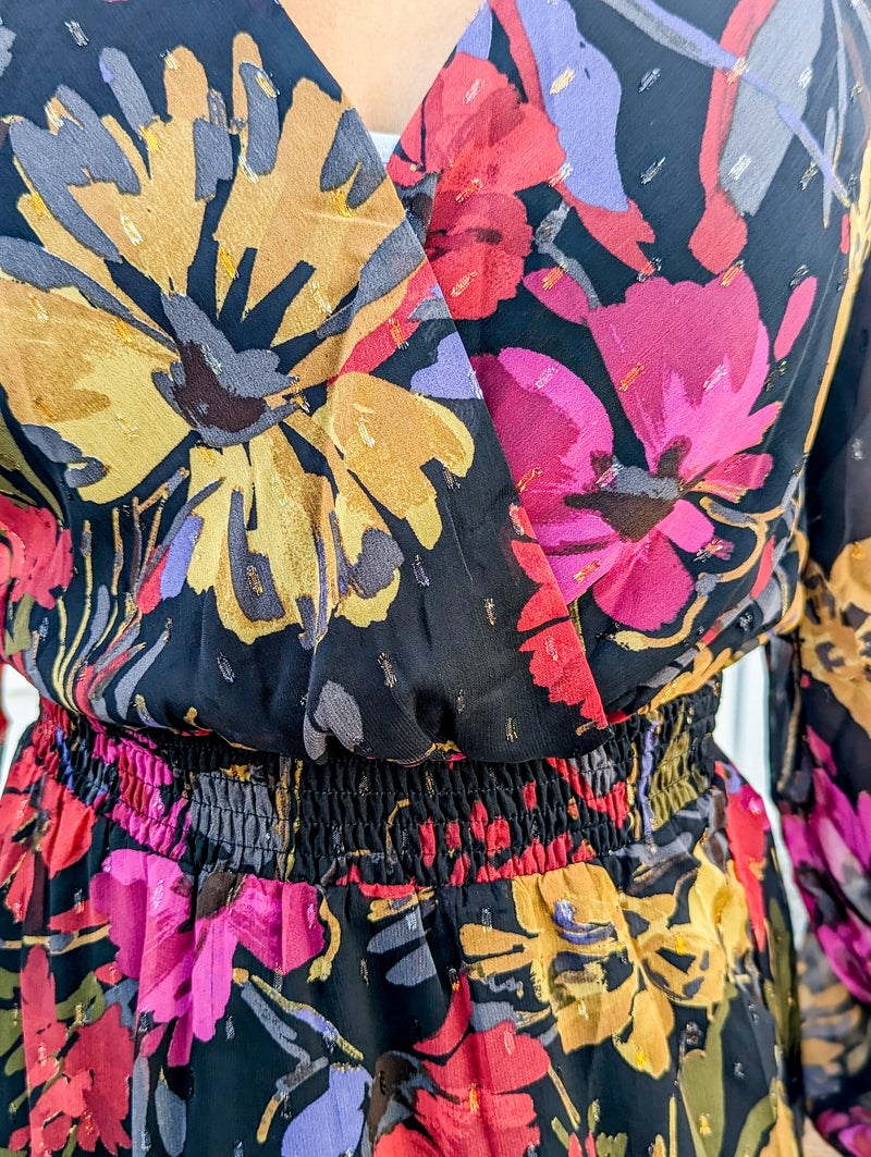 Black Multi Floral Print Surplice Maxi Dress