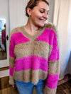 Furry hot pink and camel stripe sweater