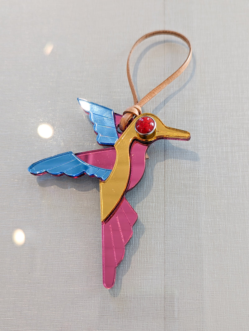 Pink gold and blue hummingbird ornament