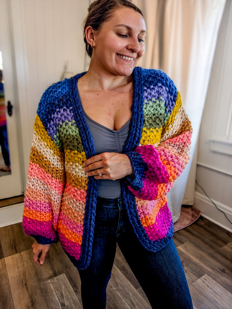 Rainbow woven knit open cardigan