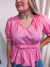 Baby Pink Puff Sleeve Cinched Waist Peplum Top