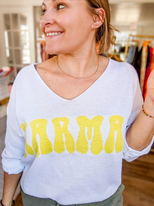 *Final Sale* White Yellow Lettered Karma Light Weight Sweater