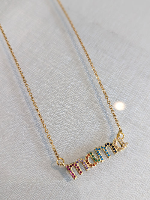 18k Gold Plated Stainless Steel Multi Color Crystal Mama Necklace