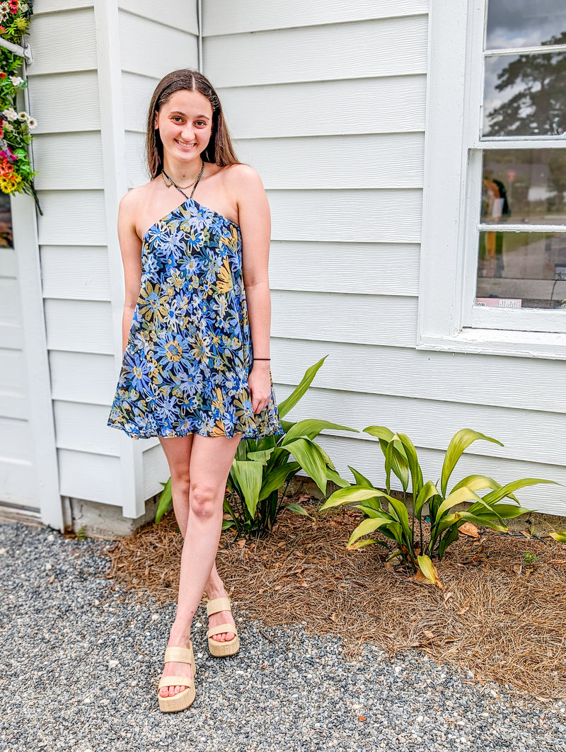 Blue/Yellow Halter Mini Dress 