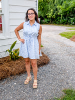 Striped Sleeveless Shirt Dress with Collar & Tie Waist Detail