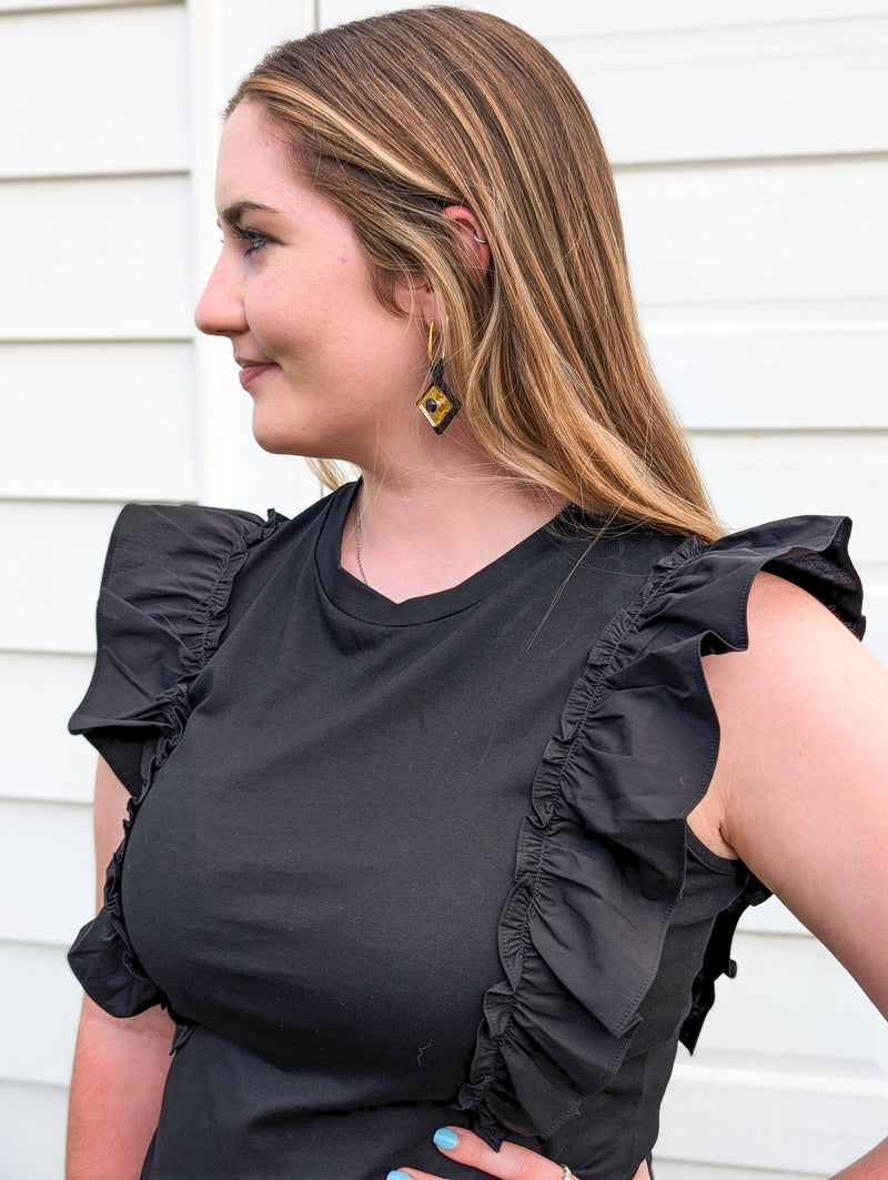 Black Poplin Ruffle Sleeveless Top