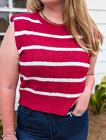 Burgundy & White Striped Shoulder Pad Sleeveless Textured top