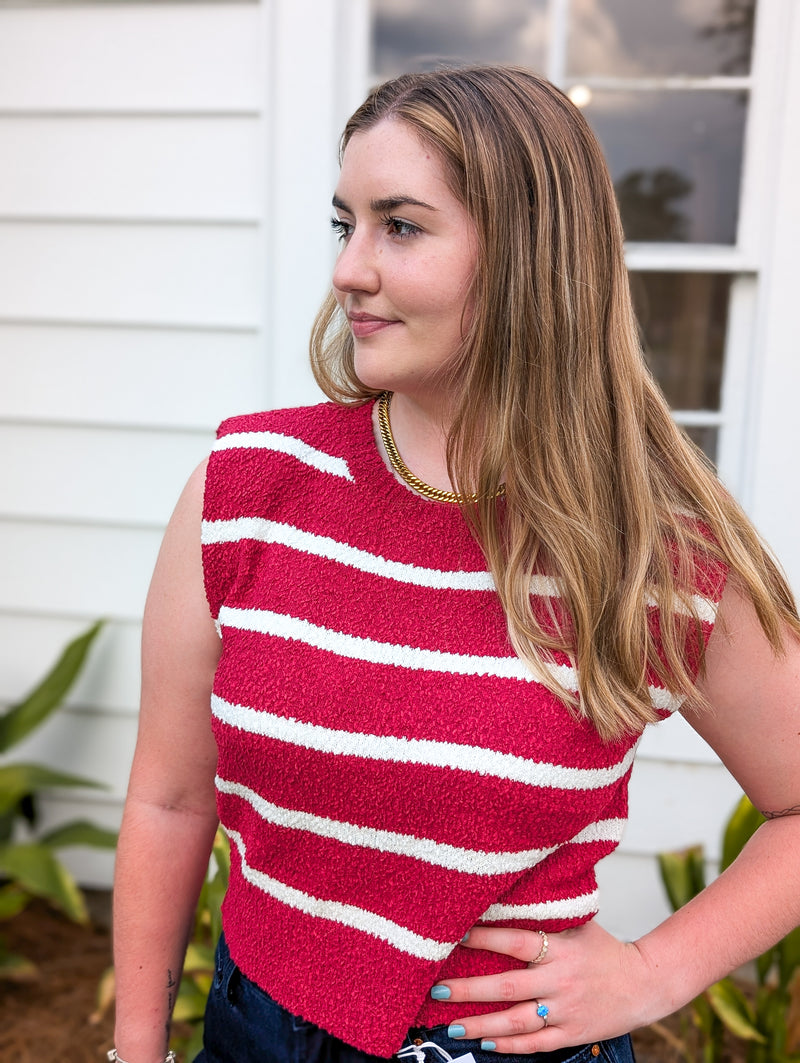 Burgundy & White Striped Shoulder Pad Sleeveless Textured top