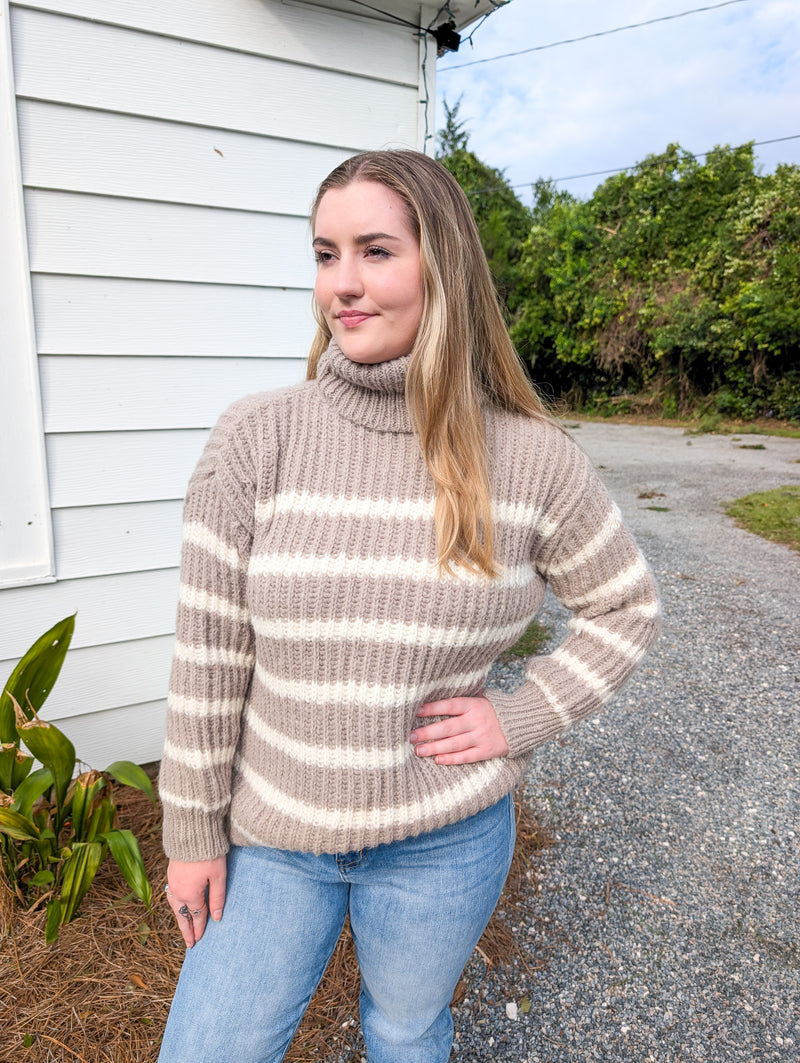 Black and Moss Ivory Striped Turtle Neck Stripped Sweater