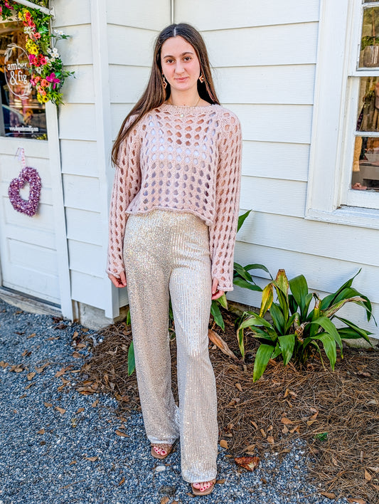 Champagne Gold Sequin High Waisted Flare Pants