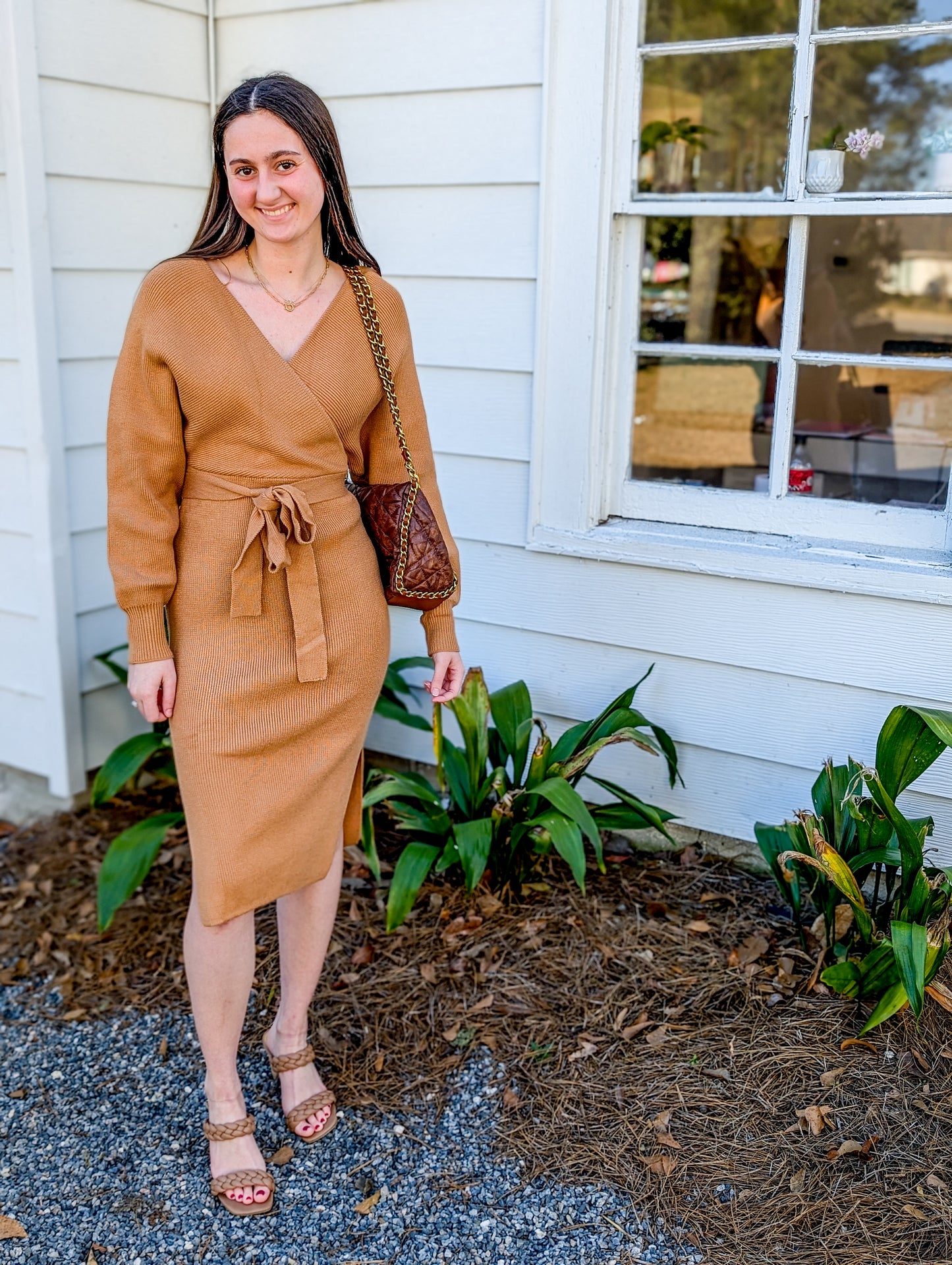 Camel Belted Sweater Dress