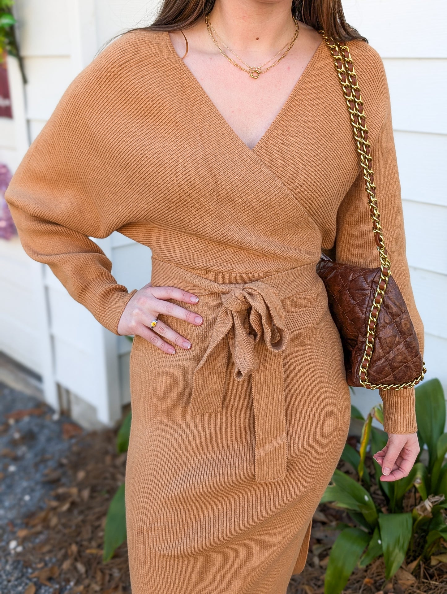 Camel Belted Sweater Dress