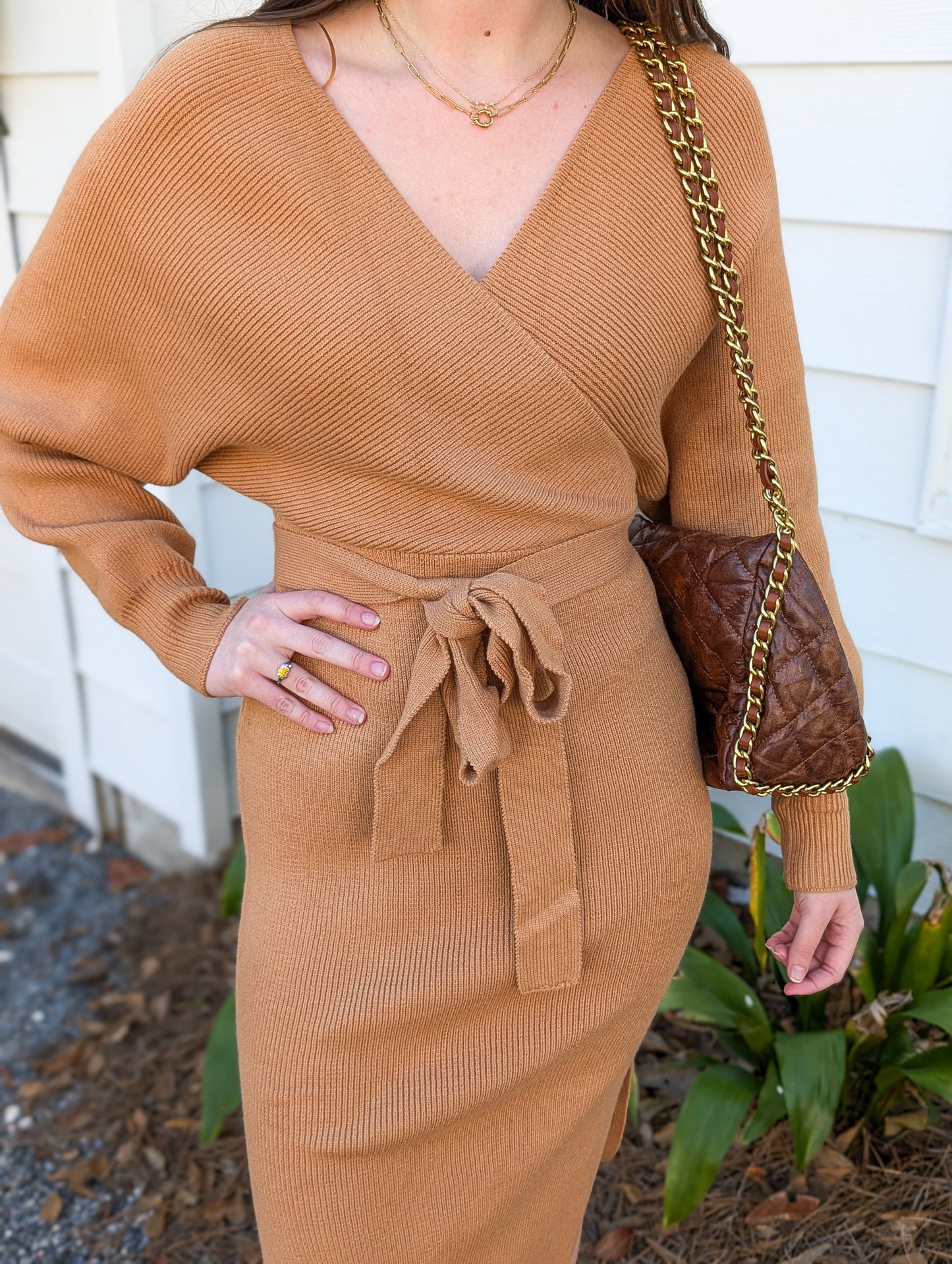 Camel Belted Sweater Dress