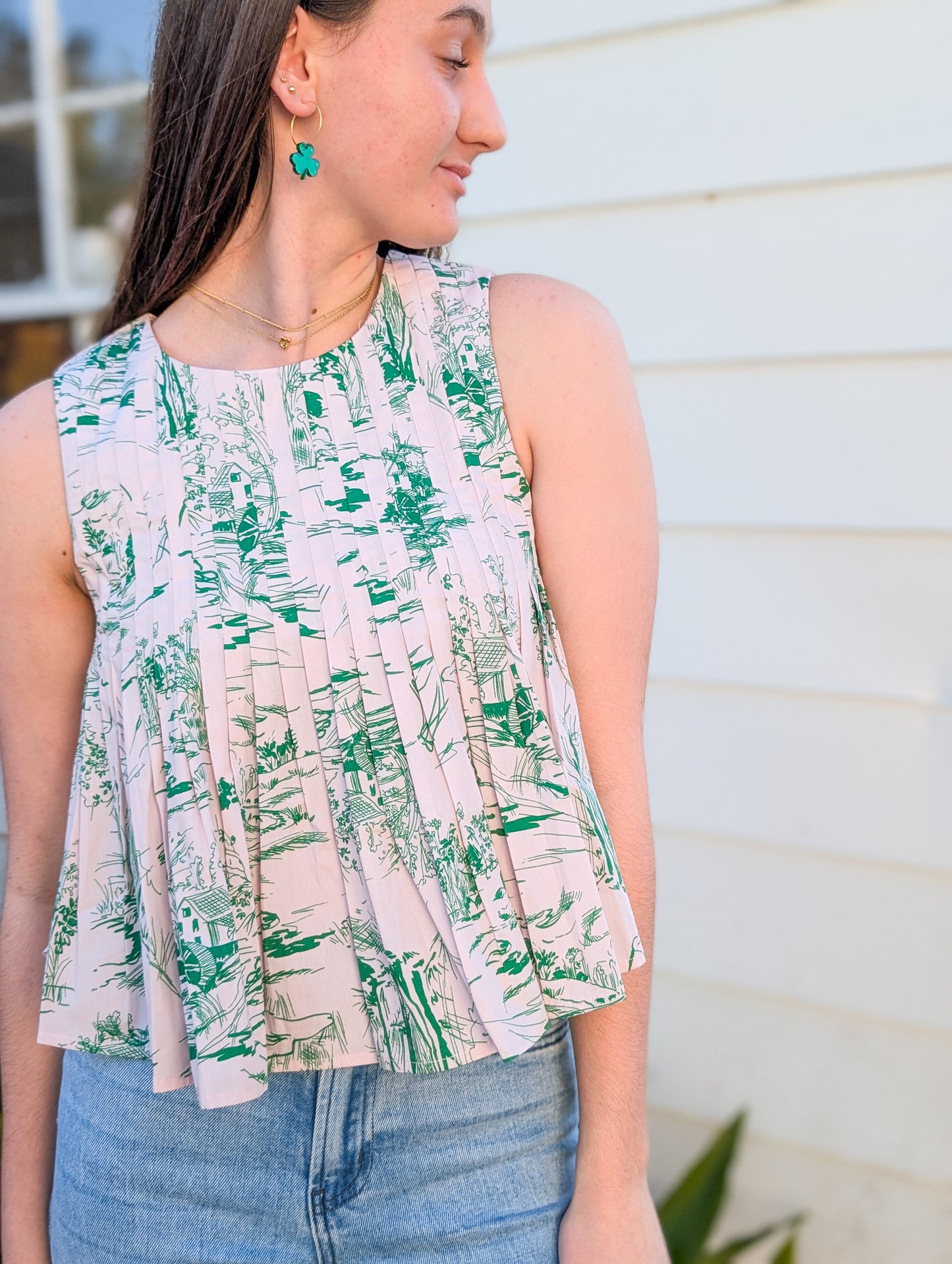 Green and Baby Pink Garden Reverie Patterned Pleat Top