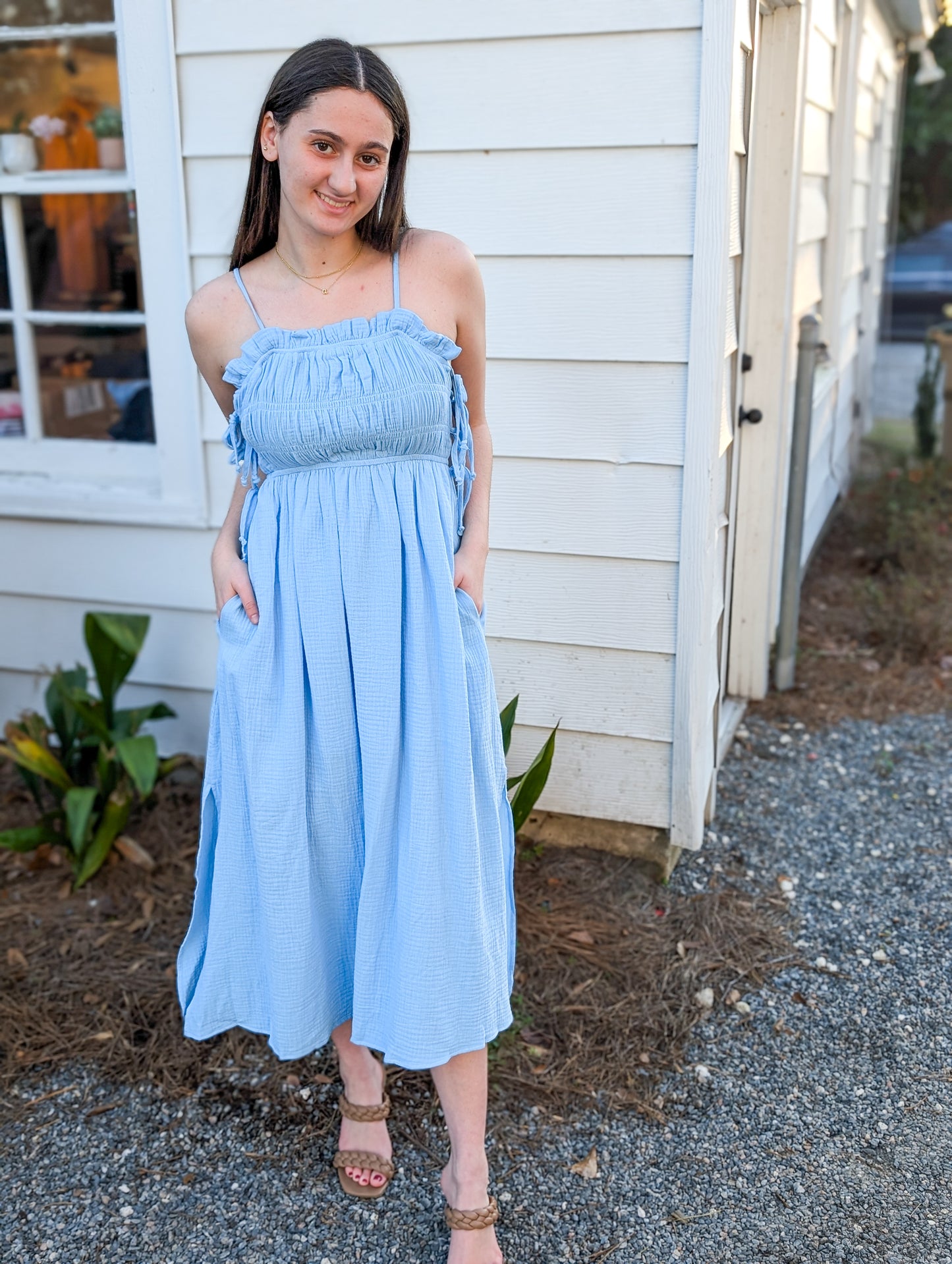 Spaghetti Strap Maxi Dress with Smocked Tie Top