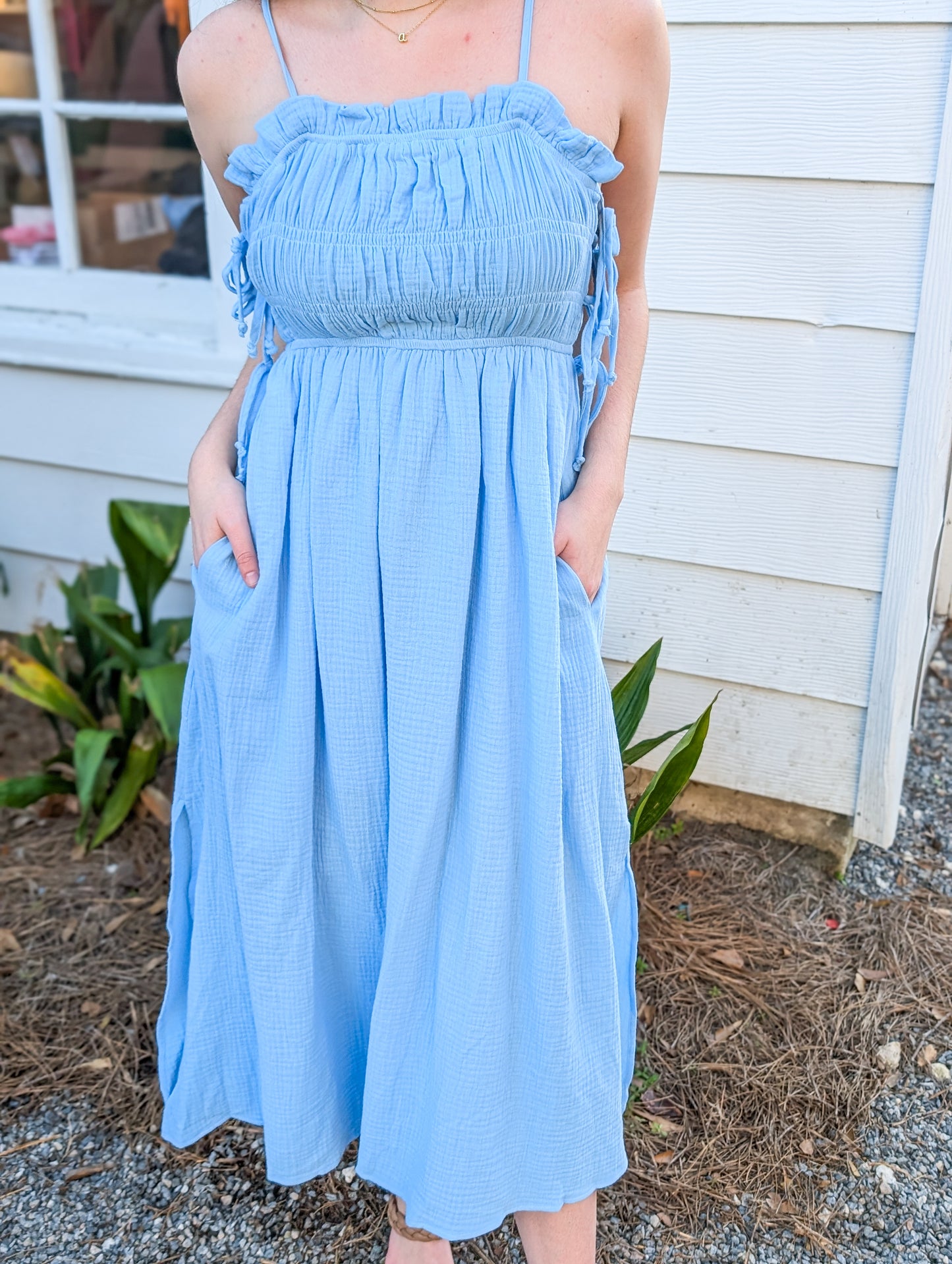 Spaghetti Strap Maxi Dress with Smocked Tie Top