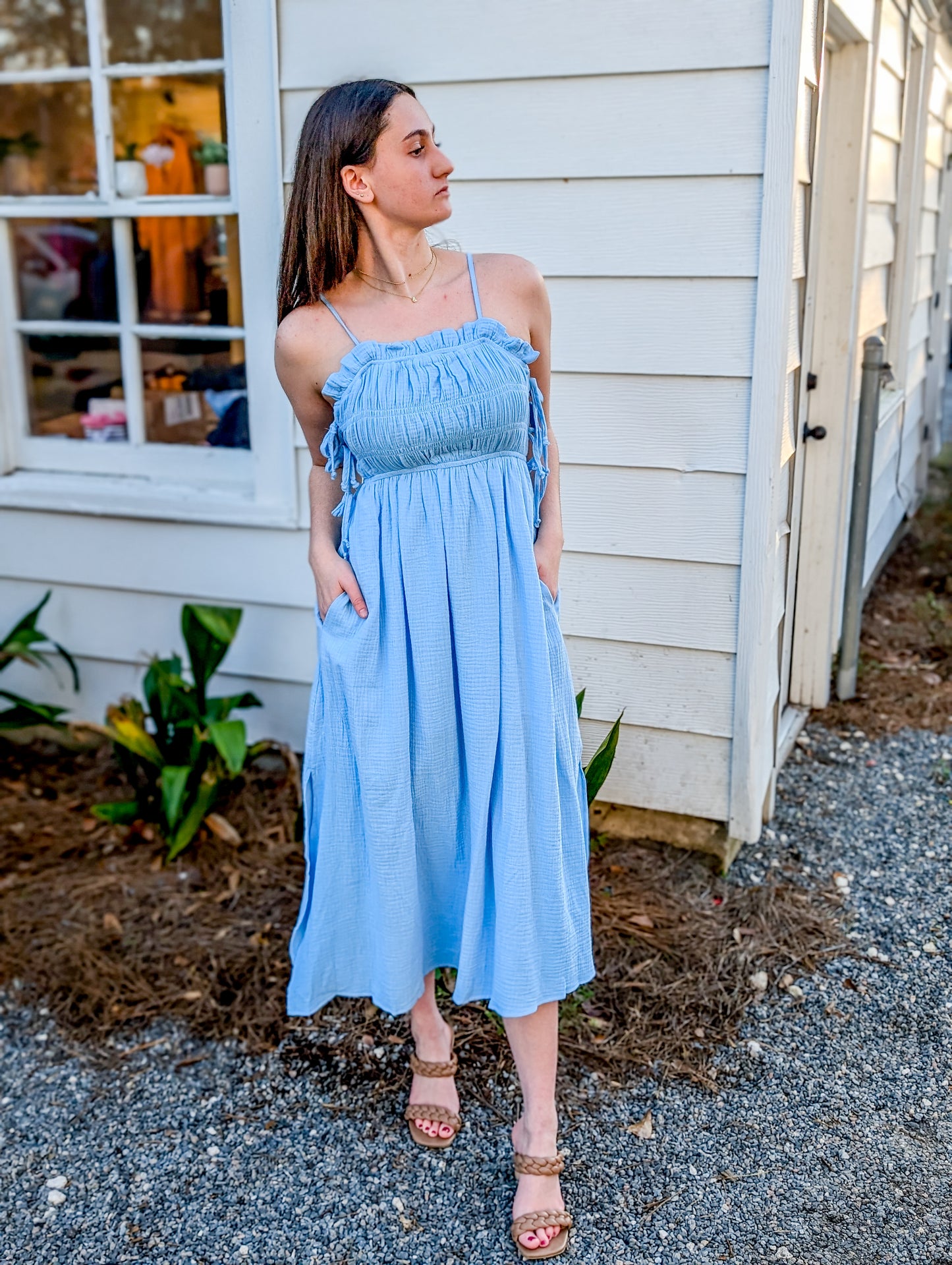 Spaghetti Strap Maxi Dress with Smocked Tie Top