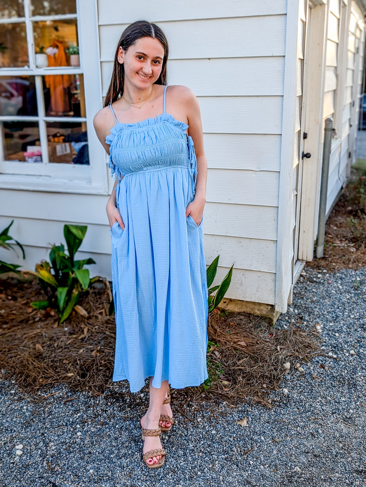 Spaghetti Strap Maxi Dress with Smocked Tie Top