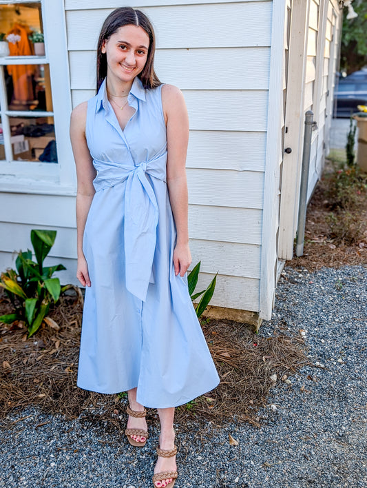 Skyline Light Blue Serenity Shirt Dress with Adjustable Tie Front