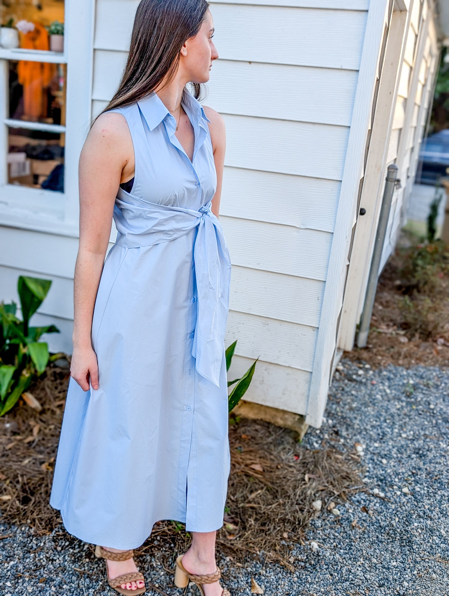 Skyline Light Blue Serenity Shirt Dress with Adjustable Tie Front