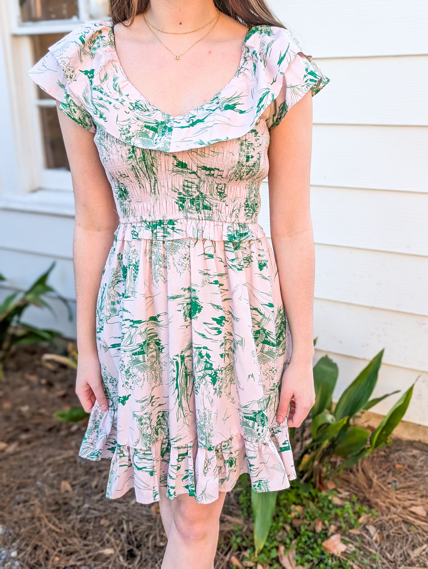 Green and Baby Pink Garden Reverie Patterned Short Dress