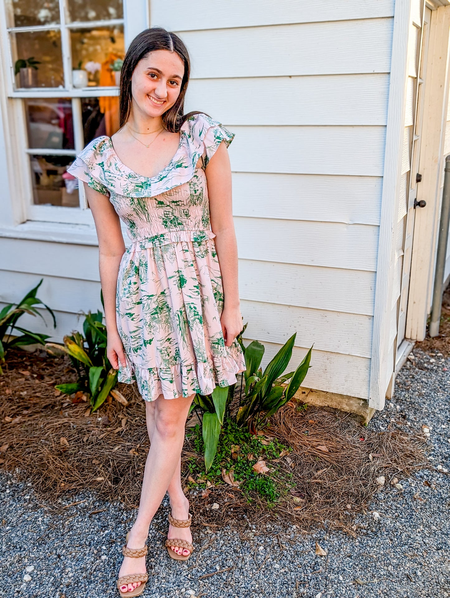 Green and Baby Pink Garden Reverie Patterned Short Dress