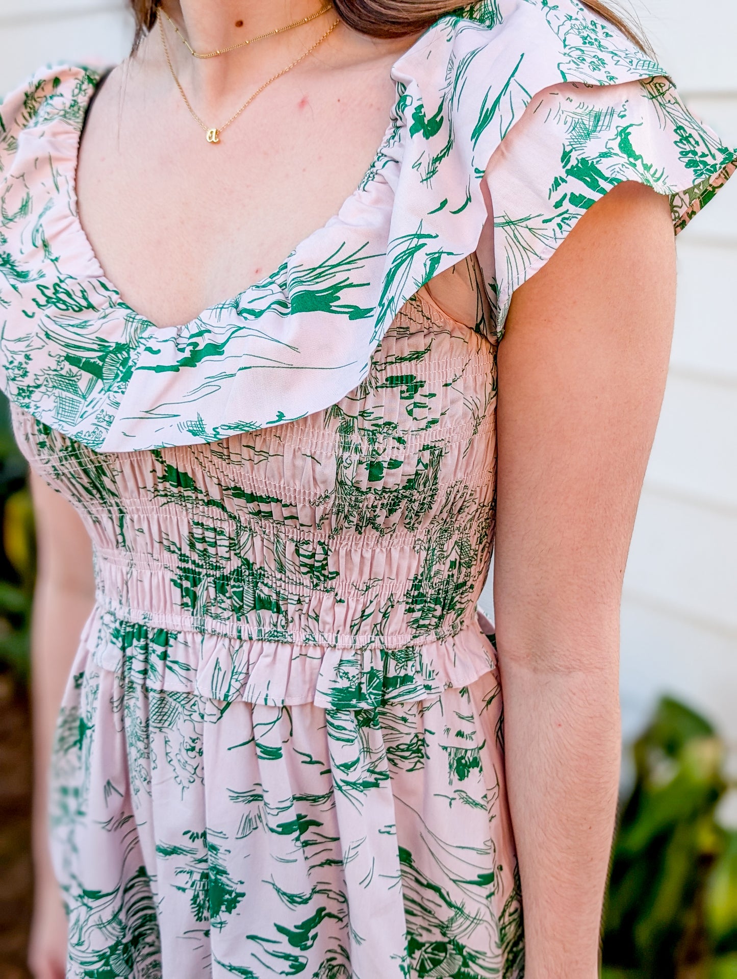 Green and Baby Pink Garden Reverie Patterned Short Dress