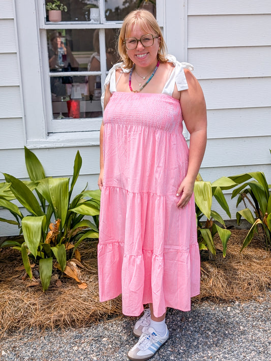 Coral Stripe Midi Dress