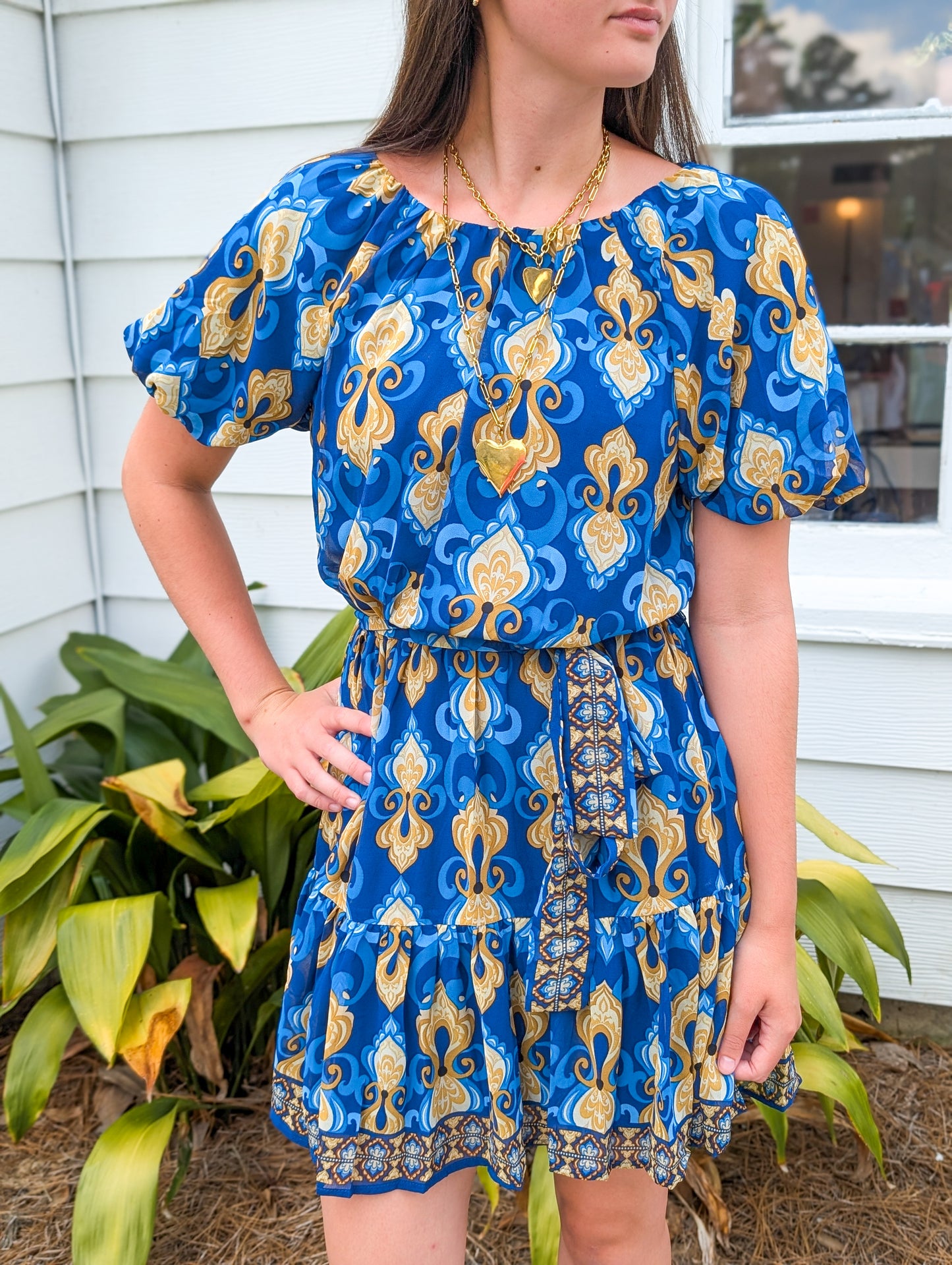 Blue and Gold Abstract Patterned Woven Dress