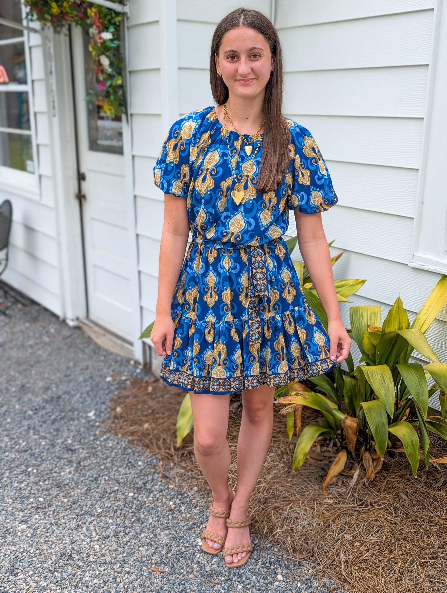 Blue and Gold Abstract Patterned Woven Dress