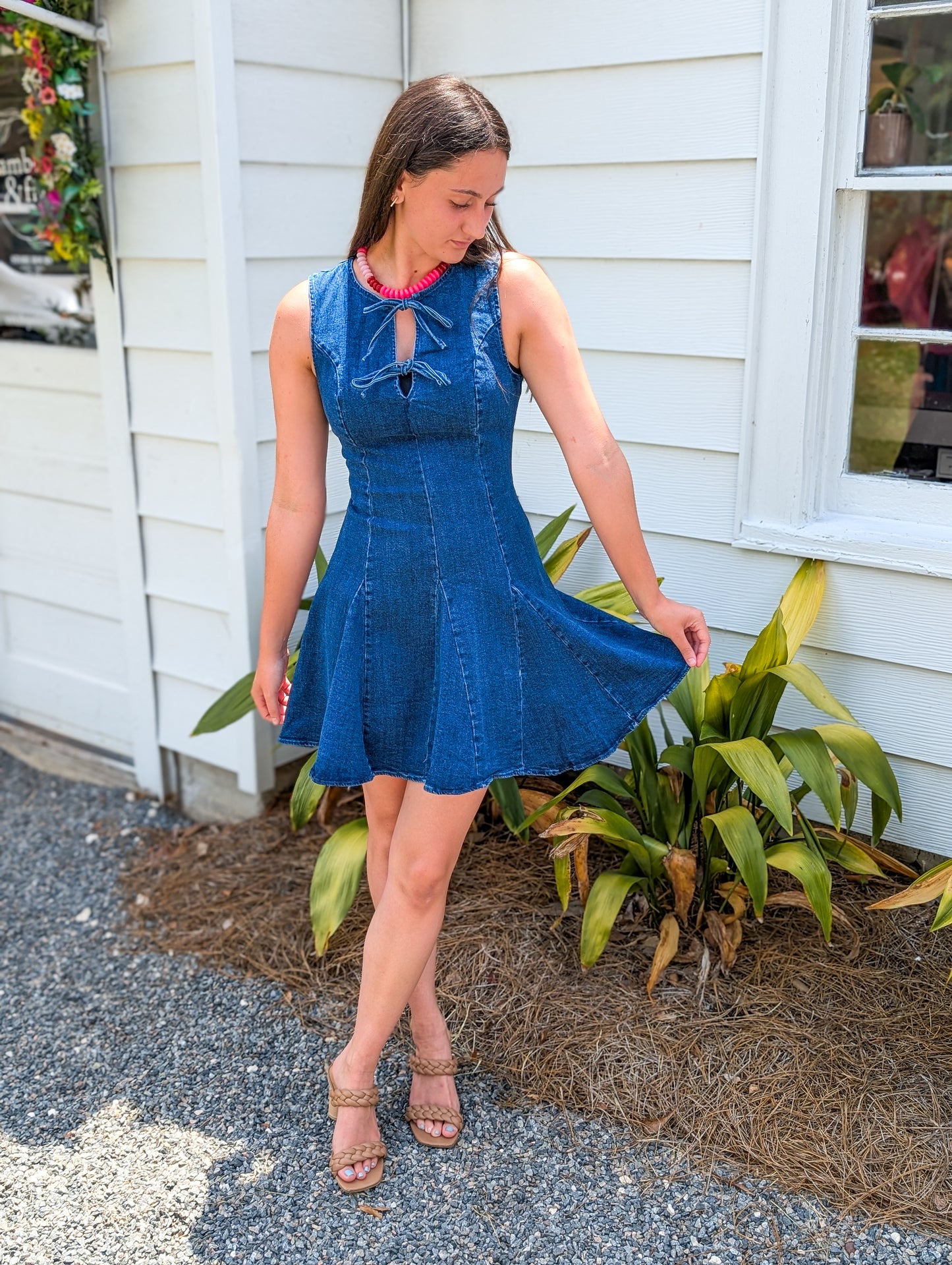 Sleeveless Dark Denim Tie Front Mini Dress