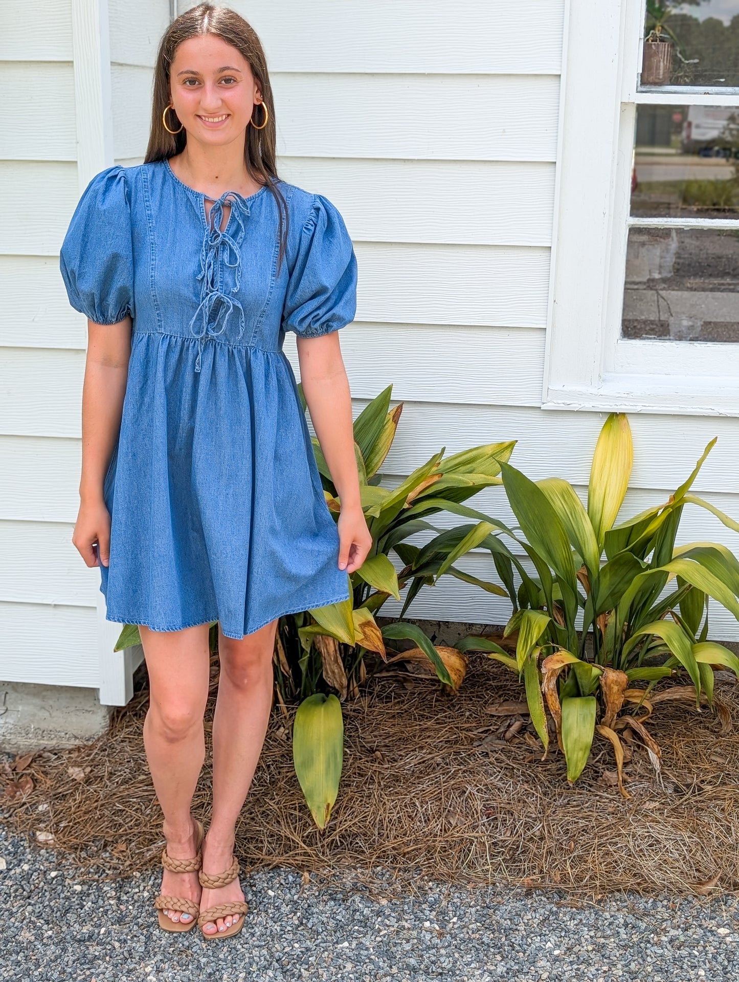 Washed Denim Bow Tie Dress