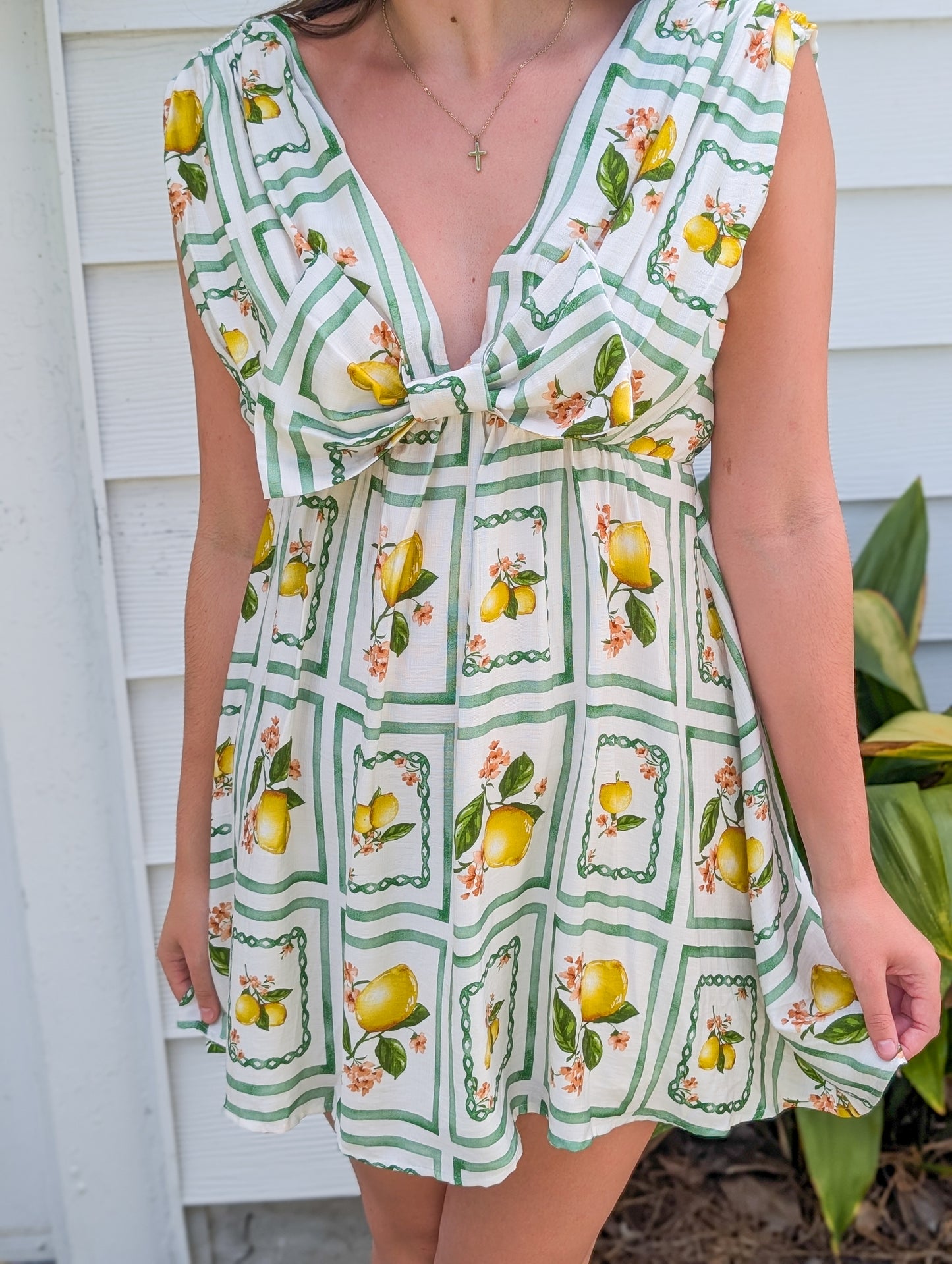 Lemon Delight Print Bow Short Sleeveless Dress