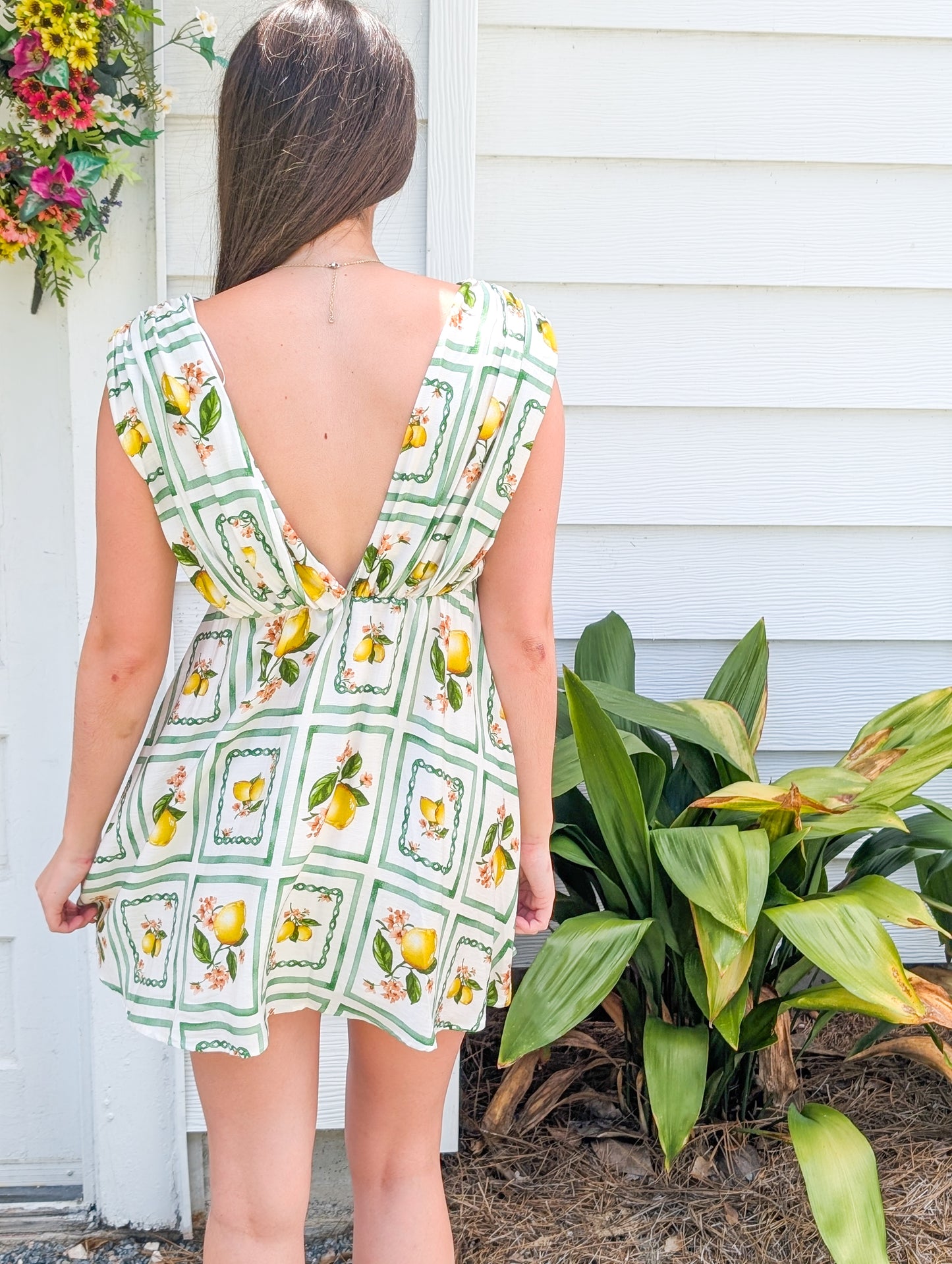 Lemon Delight Print Bow Short Sleeveless Dress