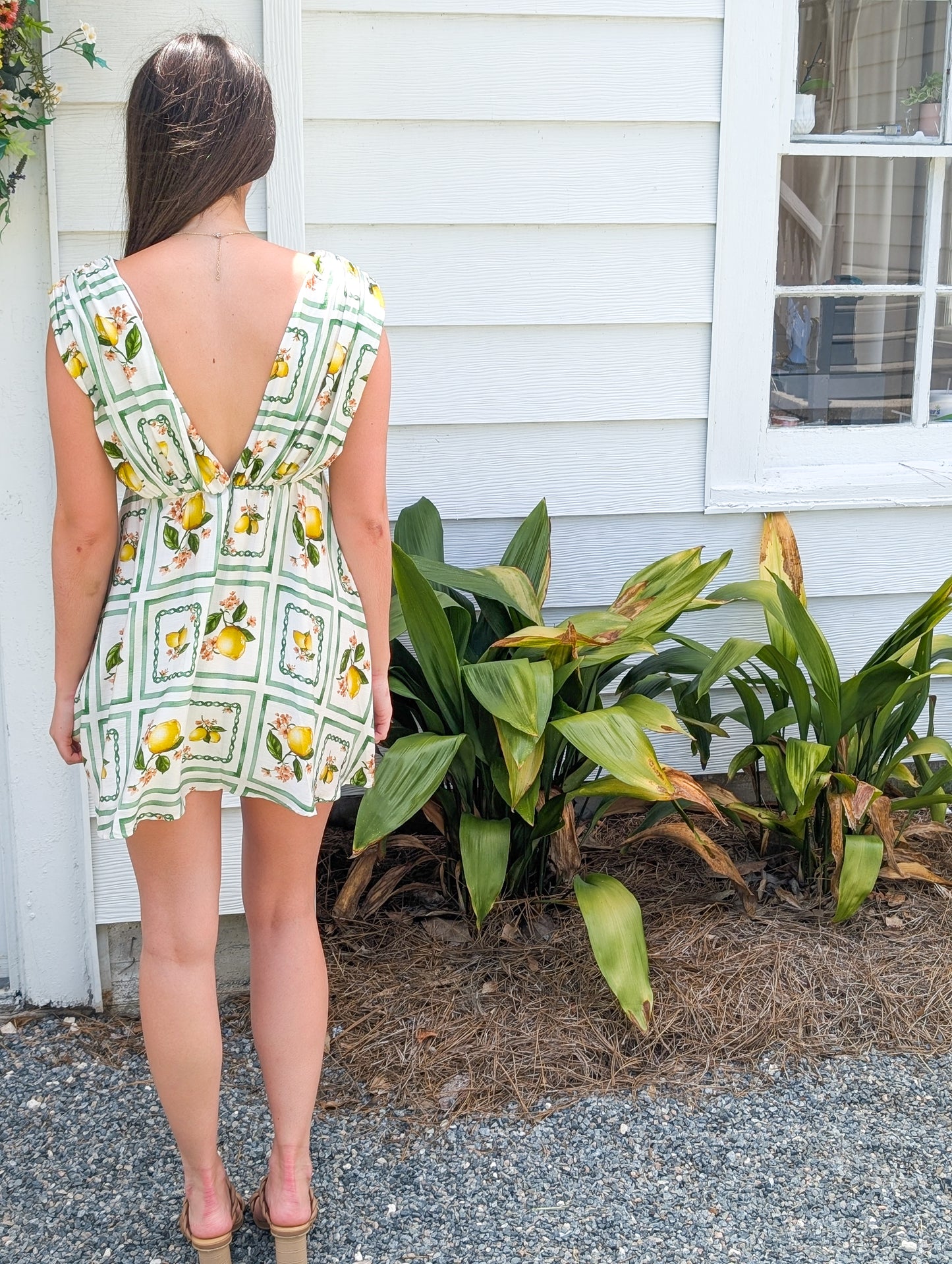 Lemon Delight Print Bow Short Sleeveless Dress
