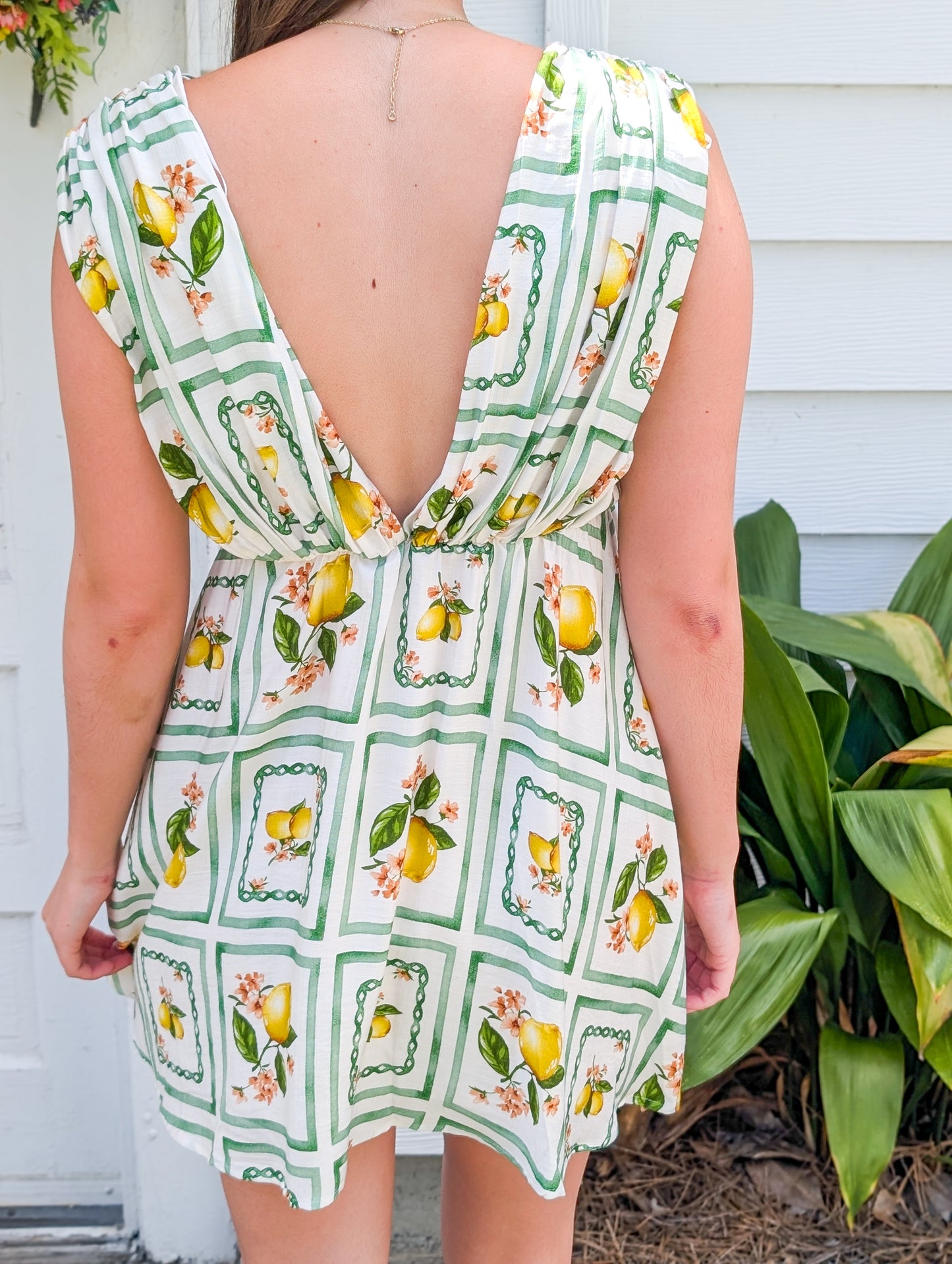 Lemon Delight Print Bow Short Sleeveless Dress