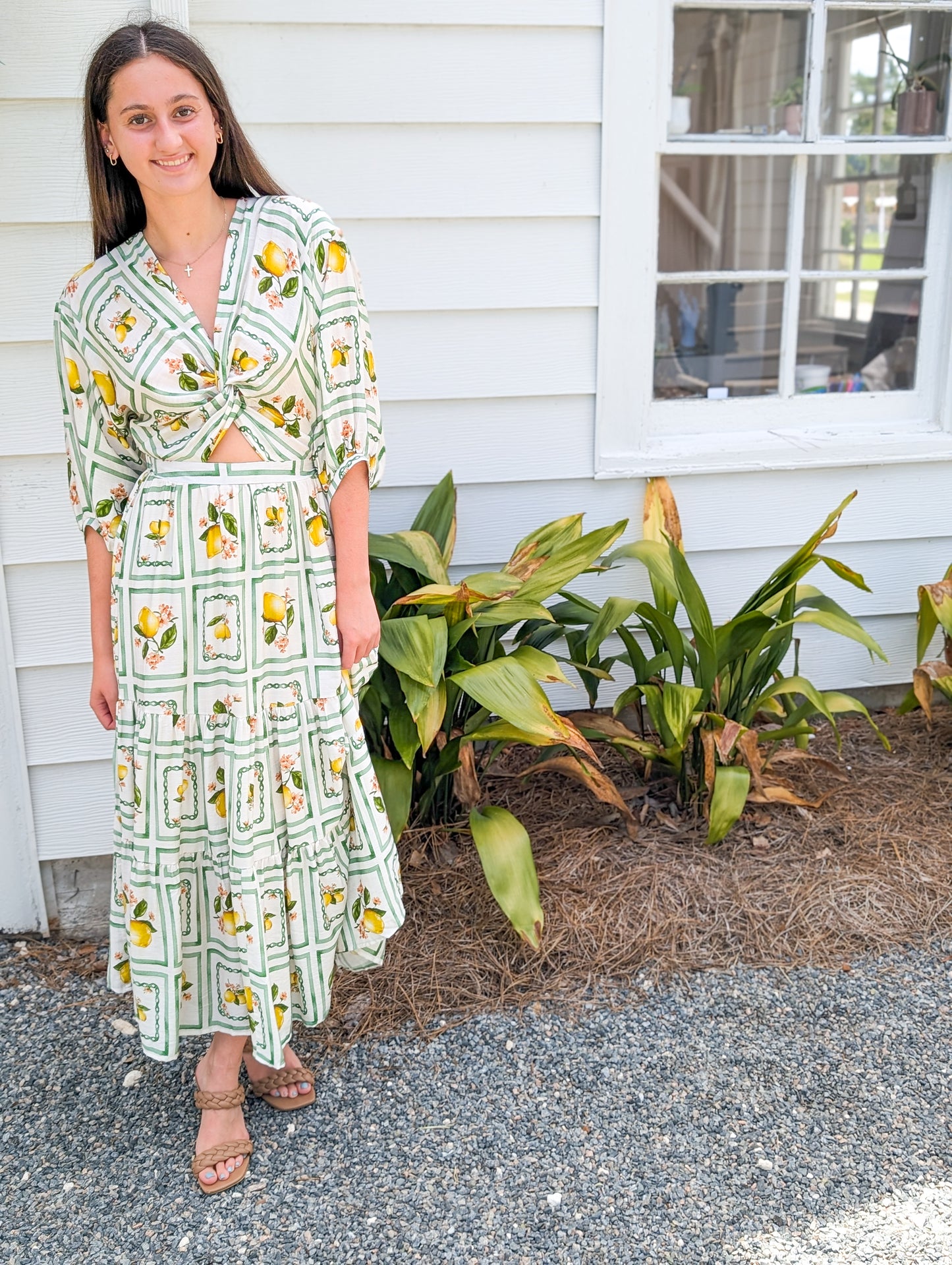 Lemon Delight Three Quarter Length Cutout Maxi Dress