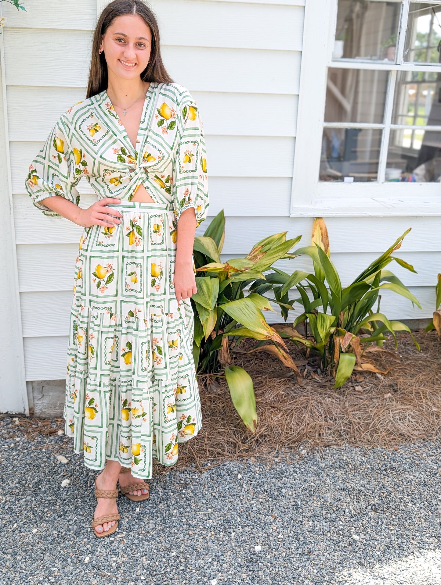 Lemon Delight Three Quarter Length Cutout Maxi Dress